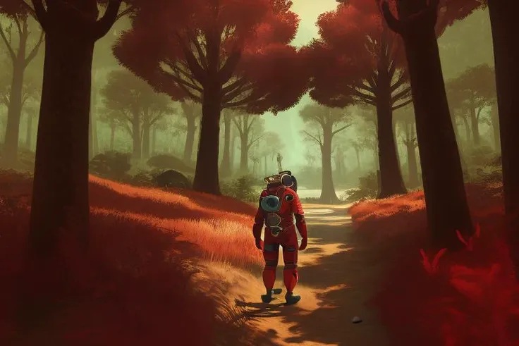 an astronaut with red armor, in a dense red forest, nomanssky style wallpaper