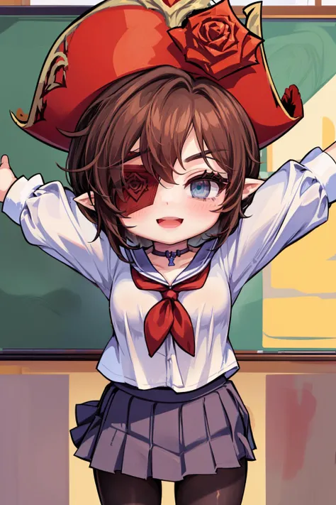 masterpiece,best quality,1girl,solo,(chibi:1.3),rachel_gt,brown hair,short hair,hair between eyes,blue eyes,(one eye covered),red eyepatch,pointy ears,choker,pirate hat,hat flower,(((school uniform,pleated skirt))),smile,open mouth,spread arms,indoors,classroom,cowboy shot,<lora:Concept-control tool-add_detail-CyberAIchemist:0.8>,<lora:Rachel_GuardianTales:0.9>,<lora:GTChibi>,
