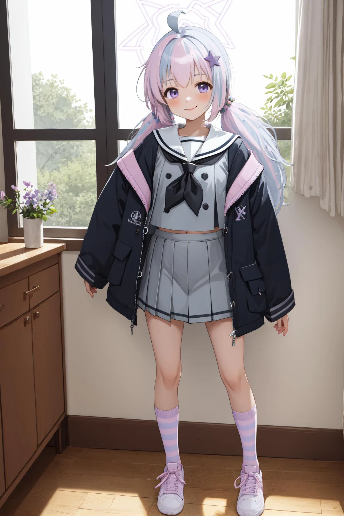 Masterpiece, best quality, 1girl, indoor, standing, looking at viewer, full body, smile, reisaid, twintails, purple eyes, hair ornament, halo, neckerchief, open jacket, gray sailor collar, pink sock, striped sock, sneakers, <lora:reisa-10:1>,