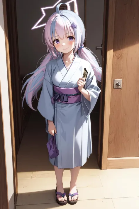 Masterpiece, best quality, 1girl, indoor, closed mouth, standing, looking at viewer, full body, smile, reisaface, twintails, purple eyes, hair ornament, halo, pink yukata, <lora:reisa-10:1>,