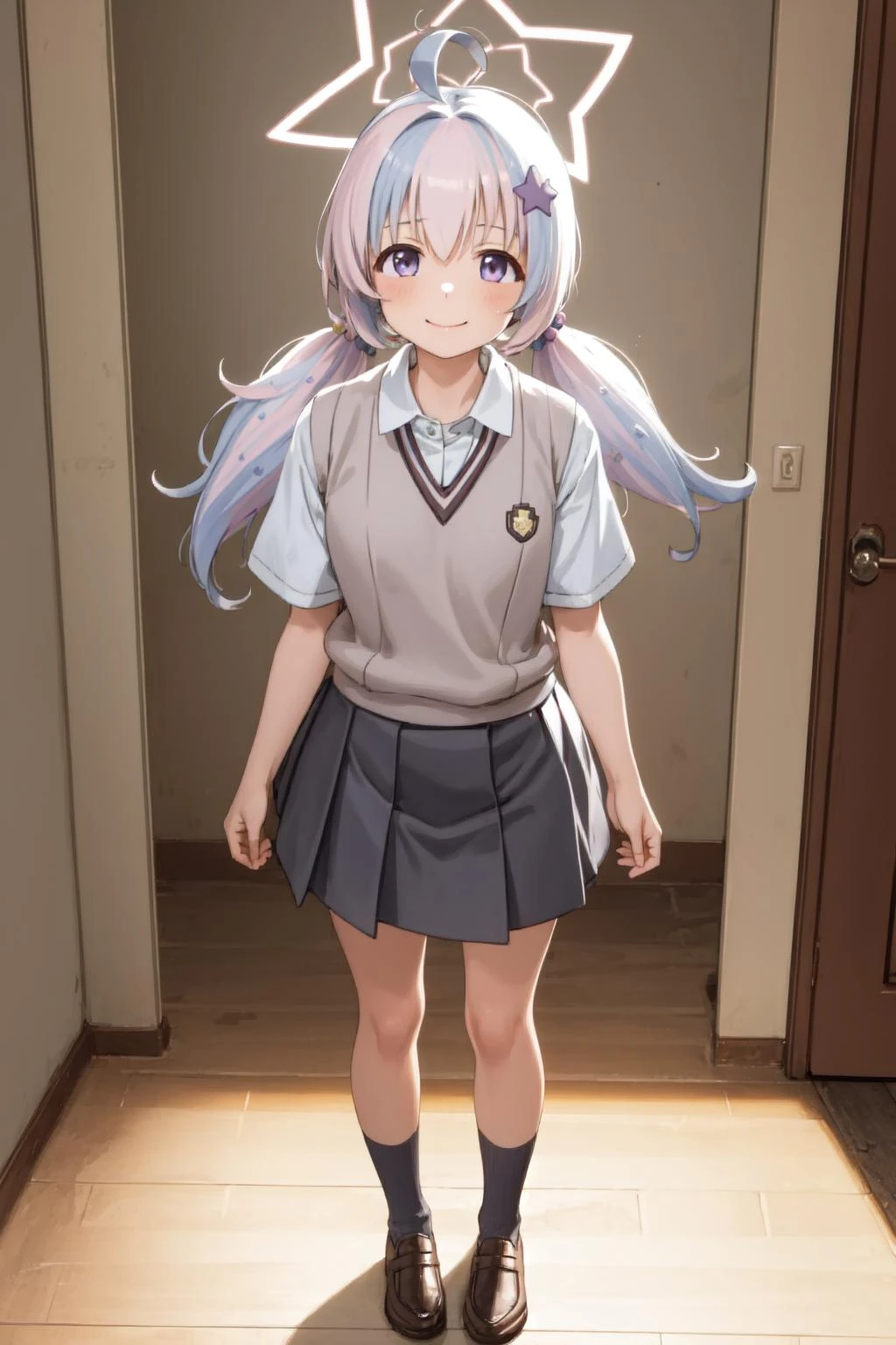 Masterpiece, best quality, 1girl, indoor, closed mouth, standing, looking at viewer, full body, smile, reisaface, twintails, purple eyes, hair ornament, halo, <lora:reisa-10:1>, <lora:tokiwadai_school_uniform:1>, tokiwadai school uniform,