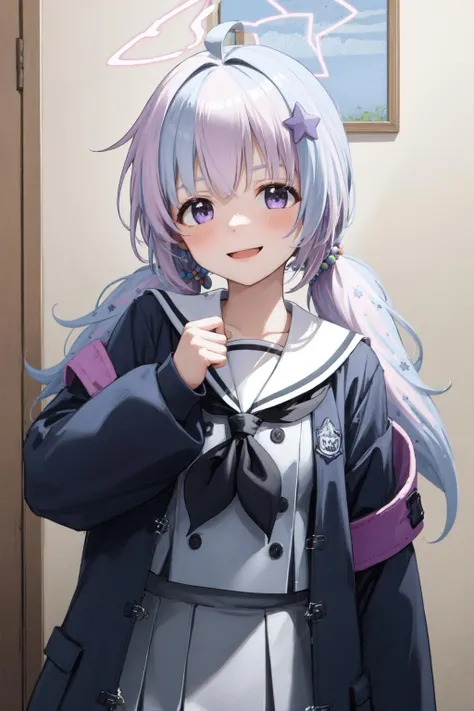 Masterpiece, best quality, 1girl, indoor, standing, looking at viewer, upper body, smile, reisaid, twintails, purple eyes, hair ornament, halo, neckerchief, open jacket, gray sailor collar, <lora:reisa-10:1>,
