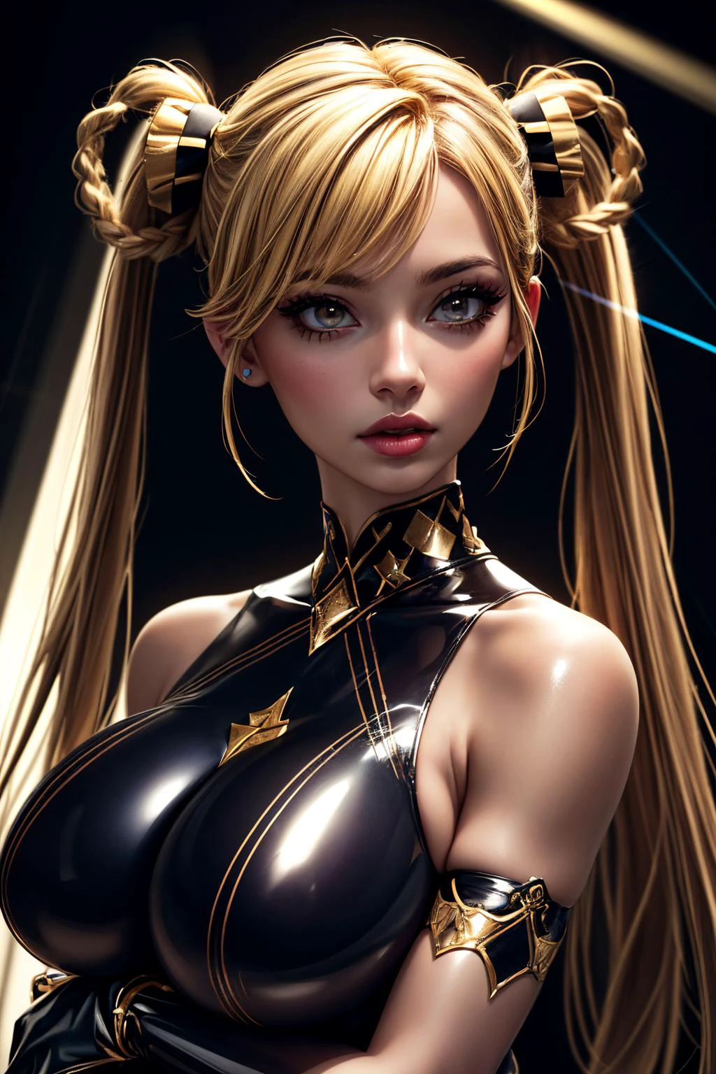 (ultra realistic,32k,RAW photo:1.1),(high detailed skin:1.1), 8k uhd, dslr, high quality, film grain, (makeup, mascara:1.1), lips,(thick\lips\),
(shiny glossy translucent clothing:1.1), <lora:ShianV2A2:0.5>shian,official clothes,braid,bow,twintails,long hair,blonde hair,gloves,thighhighs, <lora:add_detail:0.97>, huge breast, (upper body:1.1),
(looking at viewer, portrait:1.1),,
(busty:1.1) , (chubby:0.1),(dense light rays:1.2), <lora:LowRA:0.4>, dark theme astral enchantment academy, magic studies, mystical arts, channeling cosmic energies