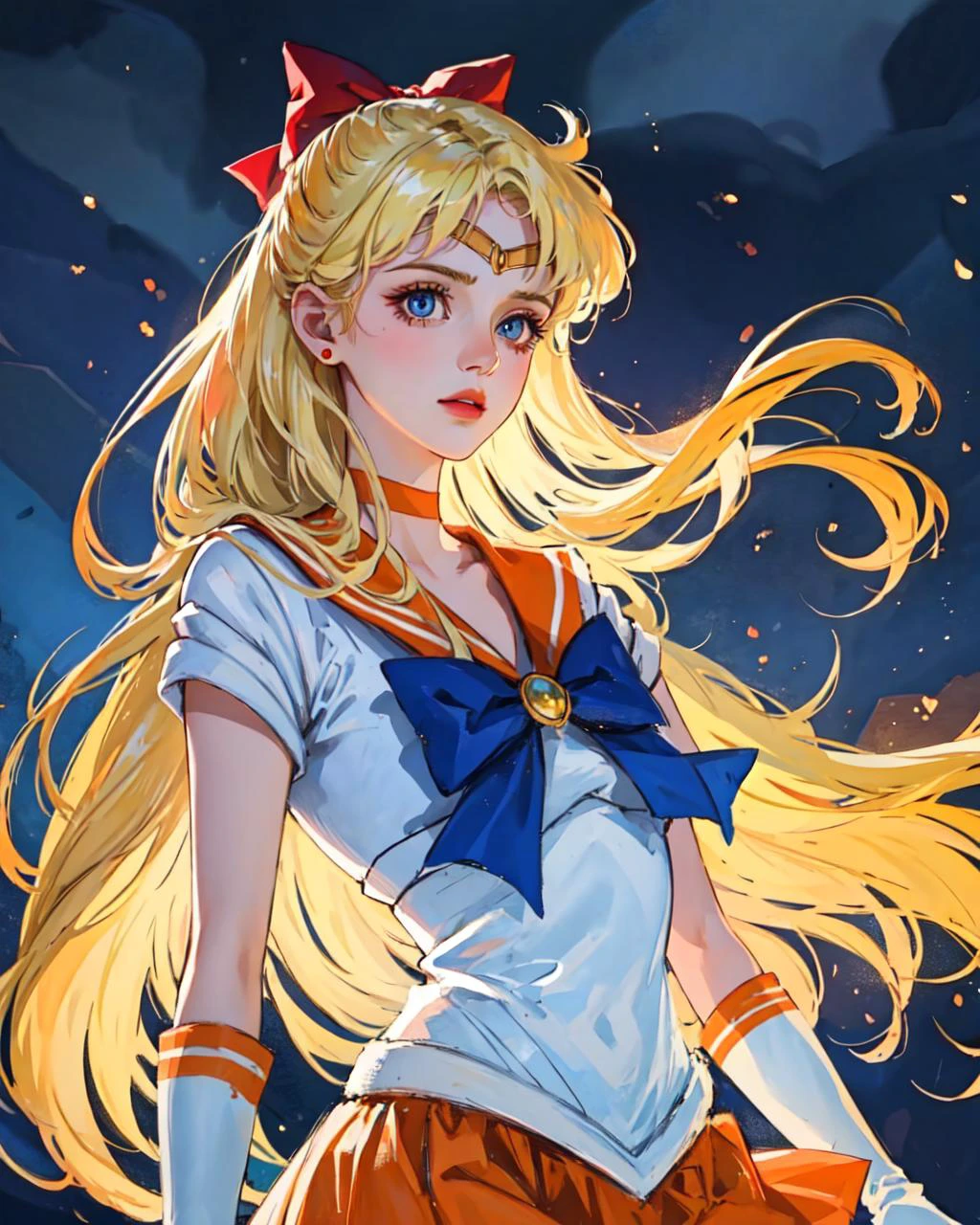 medium shot photo of girl, beautiful face of 20yo girl, delicate hands,sv1, sailor senshi uniform, orange skirt, elbow gloves, tiara, orange sailor collar, red bow, orange choker, white gloves, jewelry,flying in the air, in the sky, Moody Lighting, (sharp focus, eyes focus, masterpiece,best quality, realistic detail,clear image,realistic,high resolution) <lora:sailor_venus_v2:0.7>