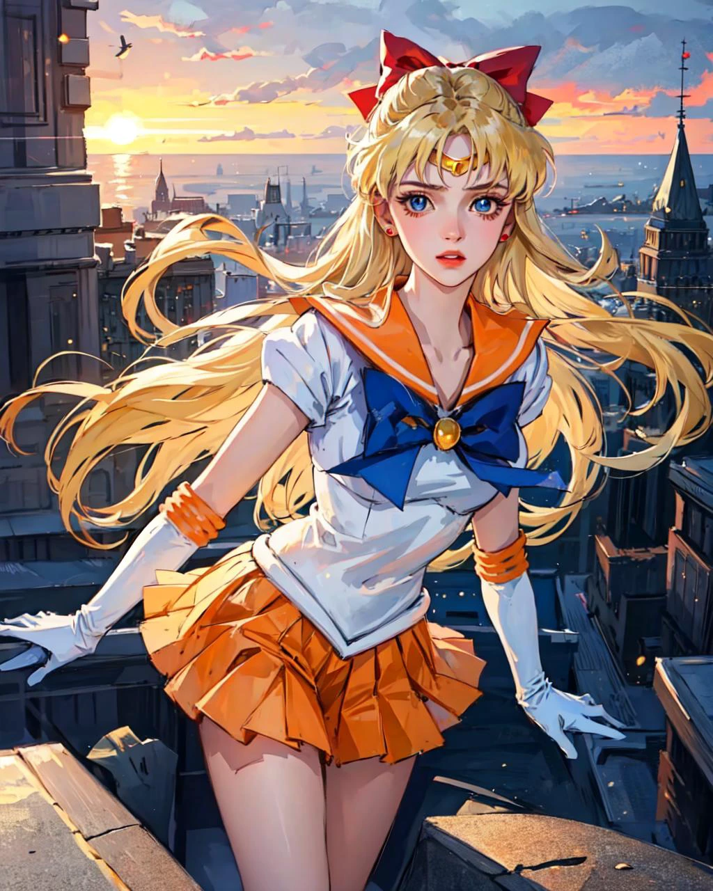 medium shot photo of girl, beautiful face of 20yo girl, delicate hands,sv1, sailor senshi uniform, orange skirt, elbow gloves, tiara, orange sailor collar, red bow, orange choker, white gloves, jewelry,flying in the air, in the sky, Moody Lighting, (sharp focus, eyes focus, masterpiece,best quality, realistic detail,clear image,realistic,high resolution) <lora:sailor_venus_v2:0.7>