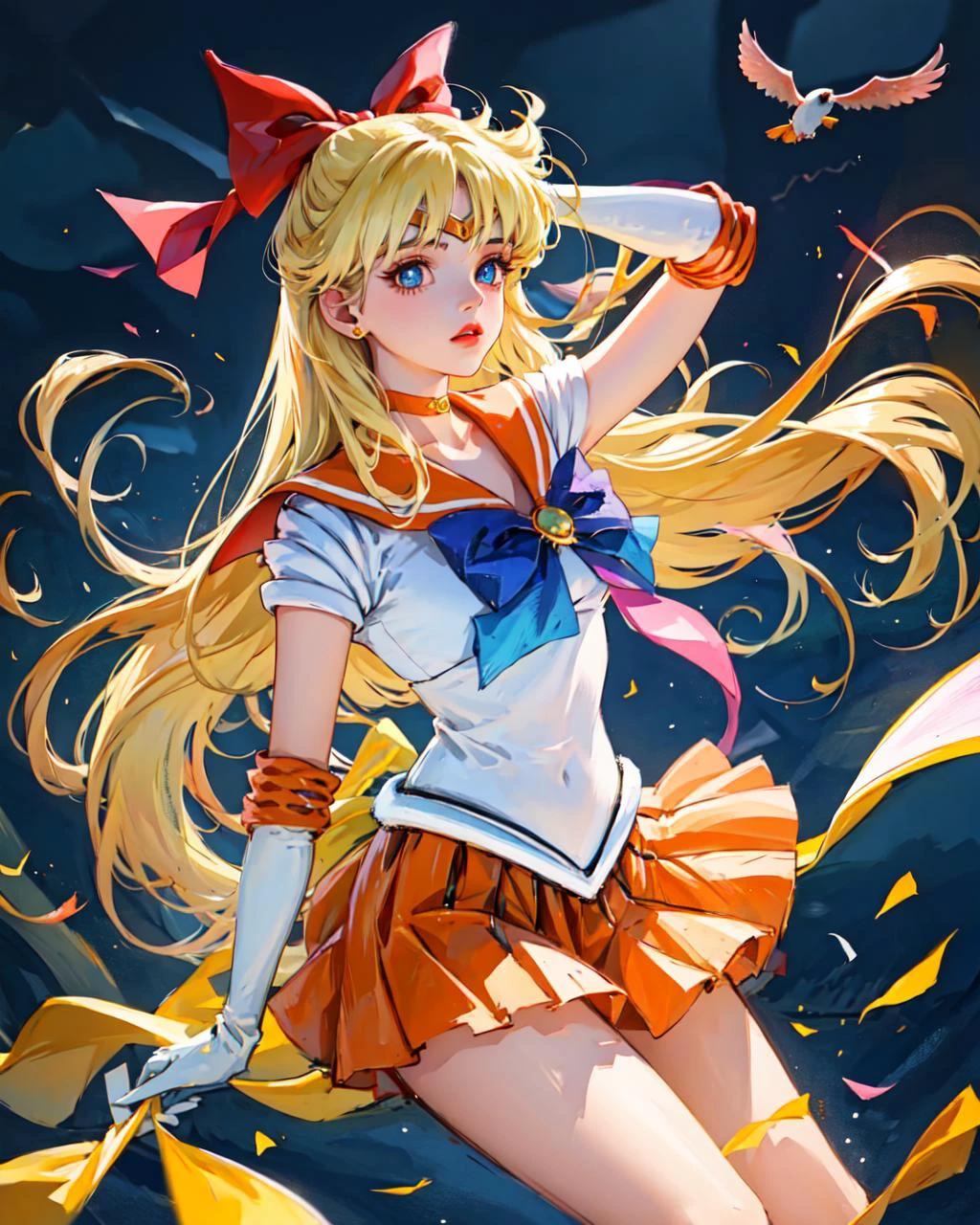 medium shot photo of girl, beautiful face of 20yo girl, delicate hands,sv1, sailor senshi uniform, orange skirt, elbow gloves, tiara, orange sailor collar, red bow, orange choker, white gloves, jewelry,flying in the air, in the sky, Moody Lighting, (sharp focus, eyes focus, masterpiece,best quality, realistic detail,clear image,realistic,high resolution) <lora:sailor_venus_v2:0.7>