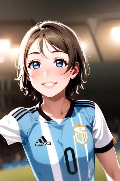 masterpiece, hires, 4k,ray tracing, beautiful and detailed art, realistic, slow motion, motion graphics, 1 girl, playing the soccer match, dutch angle, close-up, Watanabe you, light brown hair, blue eyes, short hair, <lora:yousoroLL_v4:0.8>,smile , <lora:Argentina:0.8:wear>, ,argentina, argentina jersey, soccer jersey,