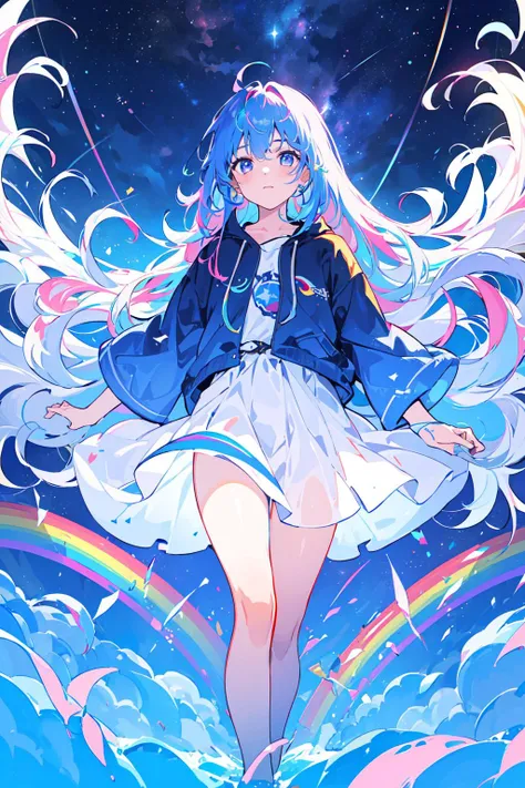 1girl,floating and rainbow long hair,Iridescence and rainbow,beautiful detailed starry sky,