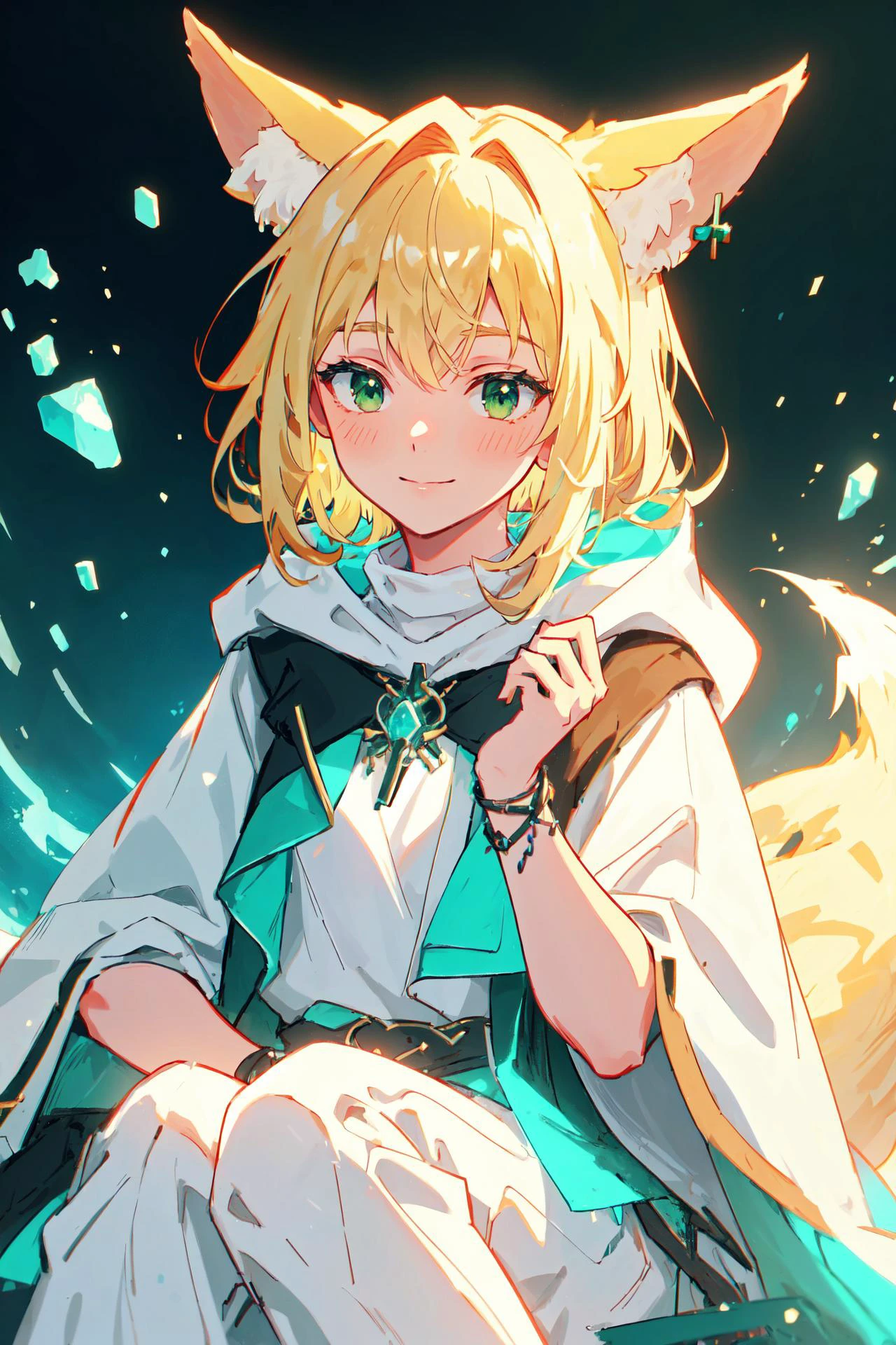 (high quality, best quality, 4k, 2k, (intricate:1.1), (high detail:1.3)), ((fantasy, abstract background)), (official wallpaper, volumetric lighting, dynamic lighting),
1girl, solo, (fox girl, fox ears, fox tail), long hair, single braid, blonde hair, (green eyes),
cleric, robe, jewelry, hood, white dress, gloves,
sitting, ((light smile, shy, cowboy shot)), creationmagic, ethereal creation, fragmented construct, particles stream,
<lora:adventurer2.0-6:0.6>, <lora:CreationMagic:0.8>