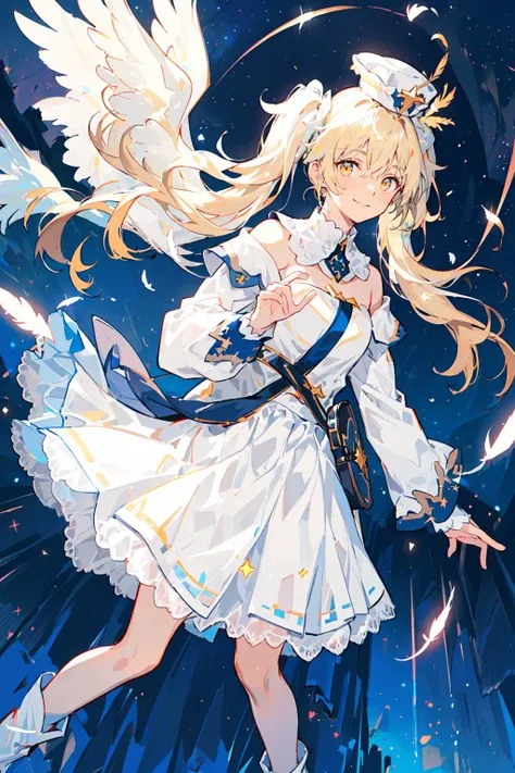 barbara cosplay costume,cosplay,blonde hair,hair between eyes,twintails,dress,long sleeves,hat,detached collar,waist bag,boots ,<lora:genshin_Barbara_cosplay_v1:0.5>,sunlight, extremely light, extremely clothes, Holy Light, dynamic angle, Light particle, very long hair, white hair, yellow eyes, glowing eyes, expressionless, ((light smile)), ((((white Tulle skirt)))), white silk, looking at viewer, angel wings, large wings, multiple wings, angel halo, (((starry sky))), dusk sky, Floating light spot, Lots of feathers,