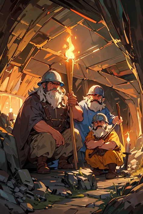 3 dwarves mining a tunnel,cave,pickaxes,mining helmet,mining gear,rocks,ores,minerals,dark,fantasy,strong,high quality,long beards,gold,silver,lantern,torches,perfect composition,singing,mining in harmony