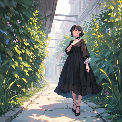 (anime, masterpiece, highres, best quality, ultra detailed, detailed background:1.2), 1 girl, full body, full body vision ,medium breasts,Dark Gray eyes,dramatic eyeliner,pinstripe dress,caring emotion,looking into the distance pose,in a secret garden background,  nsfw,