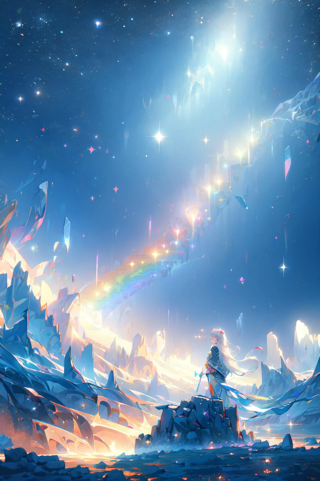 <lora:DonMSt33lM4g1c-000008:1>,DonMSt33lM4g1c,floating and rainbow long hair,Iridescence and rainbow,beautiful detailed starry sky,<lora:æ»åç»èdetail_slider_v4:1.5>,
