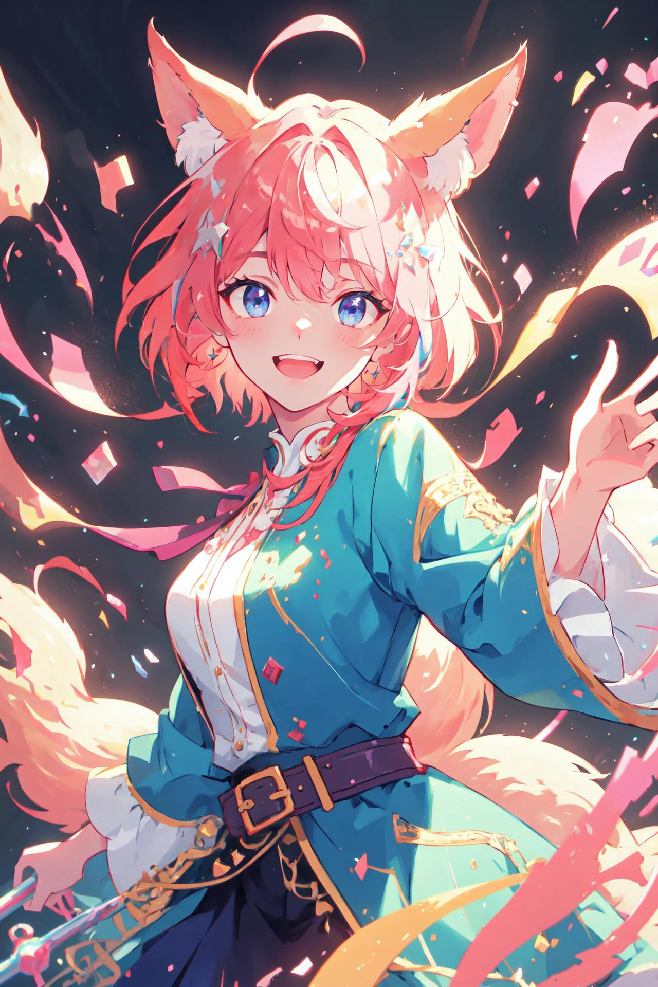 (high quality, best quality, 4k, 2k, (intricate:1.1), (high detail:1.3)), ((fantasy, abstract background)), (official wallpaper, volumetric lighting, dynamic lighting),
1girl, solo, (fox girl, fox ears, fox tail), short hair, messy hair, pink hair, (blue eyes),
robe, skirt, belt, holding book,
dancing, ((laughing)), candymagic, vibrant, sugary aura,
<lora:adventurer2.0-6:0.6>, <lora:CandyMagic:0.8>