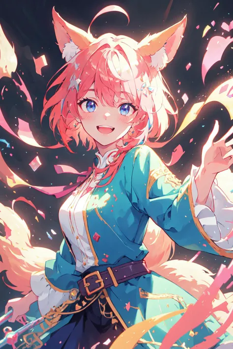 (high quality, best quality, 4k, 2k, (intricate:1.1), (high detail:1.3)), ((fantasy, abstract background)), (official wallpaper, volumetric lighting, dynamic lighting),
1girl, solo, (fox girl, fox ears, fox tail), short hair, messy hair, pink hair, (blue eyes), 
robe, skirt, belt, holding book, 
dancing, ((laughing)), candymagic, vibrant, sugary aura, 
<lora:adventurer2.0-6:0.6>, <lora:CandyMagic:0.8>