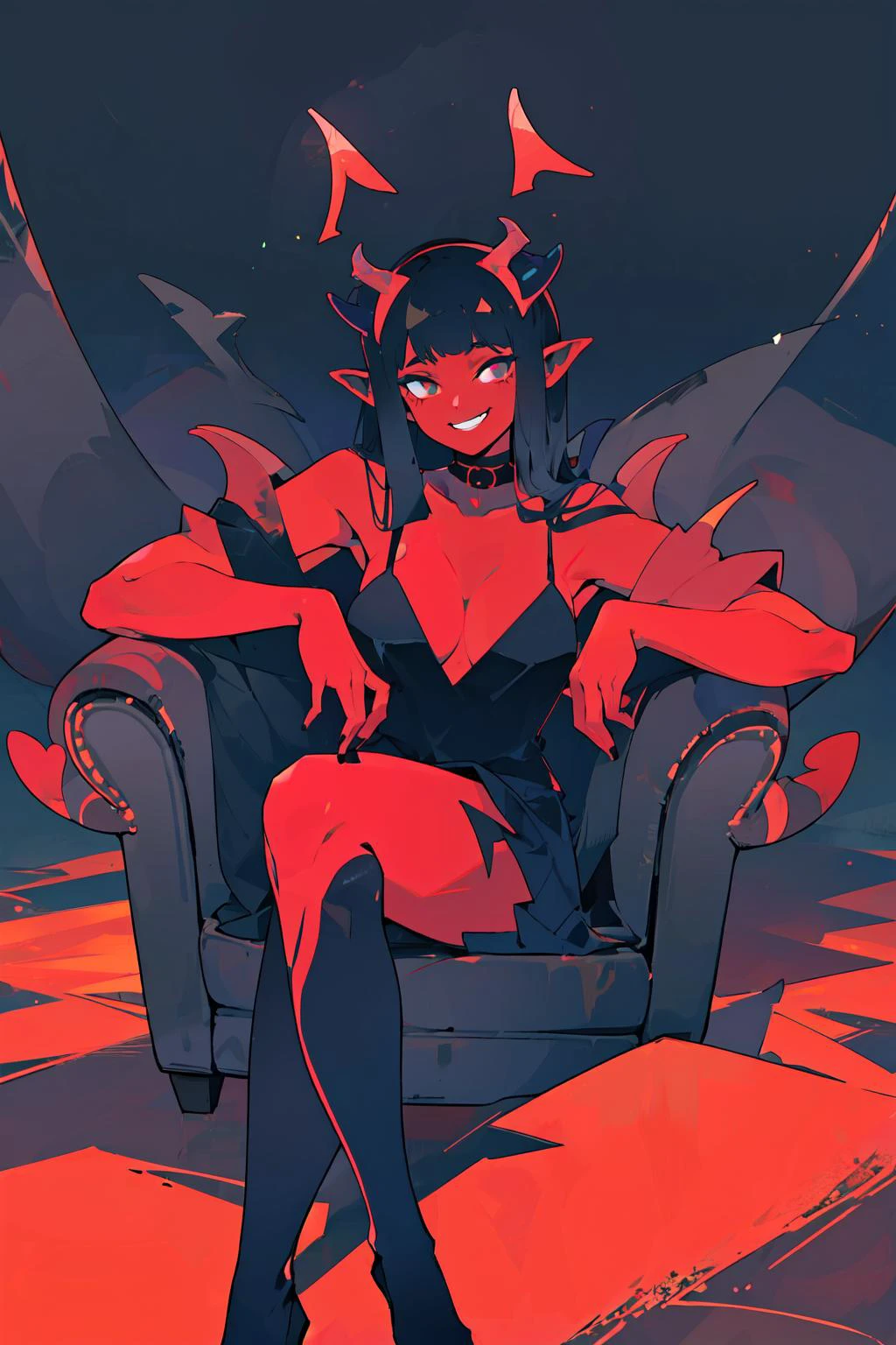 <lora:d3v1lg1rl2:0.7>,d3v1lg1rl,black hair,colored skin,demon girl,demon horns,r3d skin,1girl,sitting,