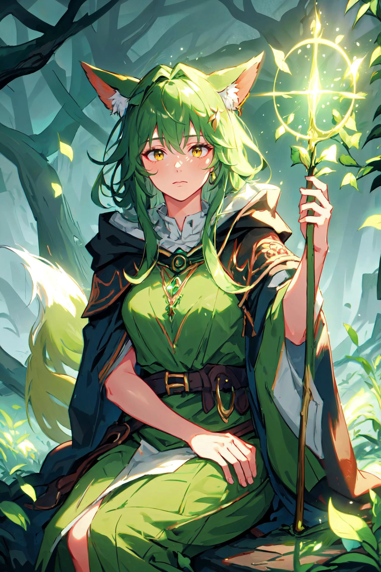 (high quality, best quality, 4k, 2k, (intricate:1.1), (high detail:1.3)), ((fantasy, abstract background)), (official wallpaper, volumetric lighting, dynamic lighting),
1girl, solo, (fox girl, fox ears, fox tail),very long hair, curly hair, green hair, (yellow eyes),
druid, brown, robe, hood, holding staff, jewelry, branch, tree,
sitting, ((relaxed, calm, peaceful)), naturemagic, magical energy,
<lora:adventurer2.0-6:0.6>, <lora:NatureMagic:0.8>