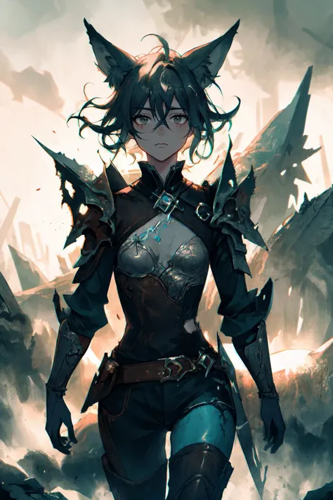 (high quality, best quality, 4k, 2k, (intricate:1.1), (high detail:1.3)), ((fantasy, abstract background)), (official wallpaper, volumetric lighting, dynamic lighting),
1girl, solo, (fox girl, fox ears, fox tail),short hair, messy hair, (sidelocks), aqua hair, (grey eyes), flat chest,
witch,
running, ((bored, cowboy shot)), entropymagic, decay, dissolving,
<lora:adventurer2.0-6:0.6>, <lora:EntropyMagic:0.8>
