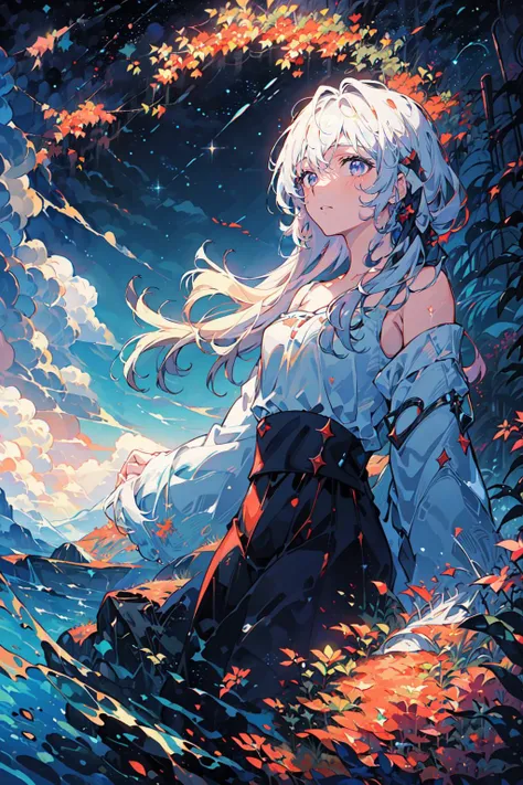 1girl,<lora:VisionaryVerse-SD15:1>,VisionaryVerse,Starry sky adorns hair, sparkling anime eyes,beautiful detailed stars,blighting stars,emerging dark purple across with white hair,multicolored hair,beautiful detailed sky, beautiful detailed water, cinematic lighting, dramatic angle,,