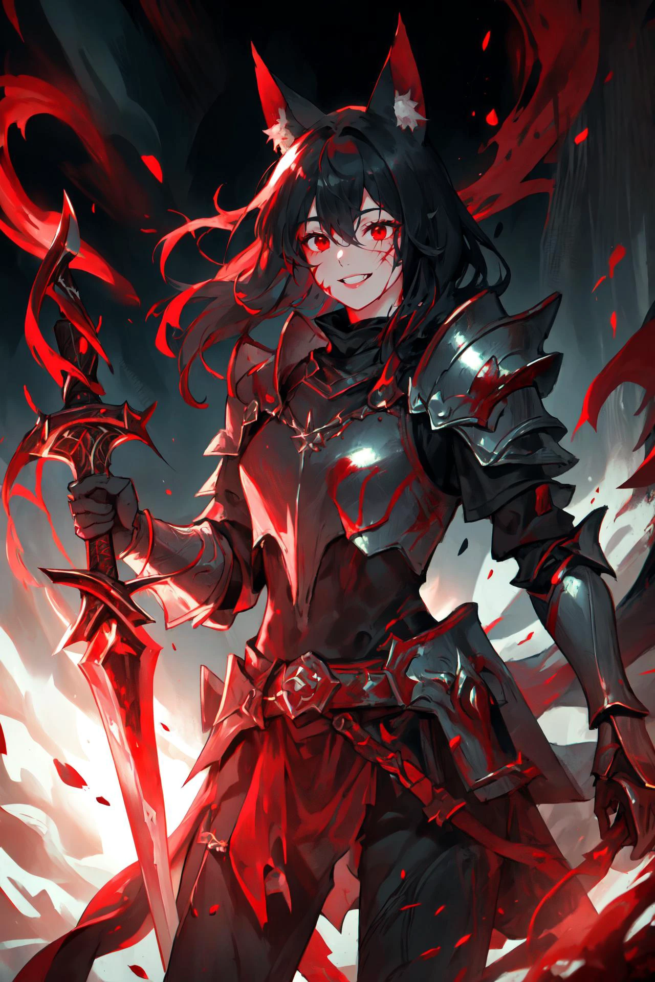 (high quality, best quality, 4k, 2k, (intricate:1.1), (high detail:1.3)), ((fantasy, abstract background)), (official wallpaper, volumetric lighting, dynamic lighting),
1girl, solo, (fox girl, fox ears, fox tail),very long hair, messy hair, black hair, (red eyes, scar on face, scar),
black knight, (holding sword), full armor, plate armor, (black armor), pauldrons, shoulder armor, spiked gauntlets,
running, ((crazy eyes, crazy smile, crazy, insane, cowboy shot)), bloodmagic, blood, magical energy,
<lora:adventurer2.0-6:0.8>, <lora:BloodMagic:0.8>