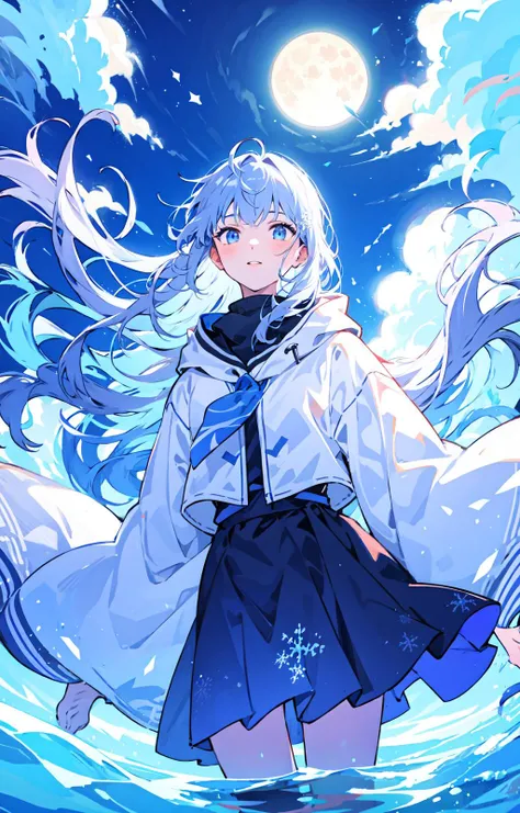 1girl,beautiful detailed glow, detailed ice, beautiful detailed water, (cold full moon), snowflake, (floating cloud:1.2),