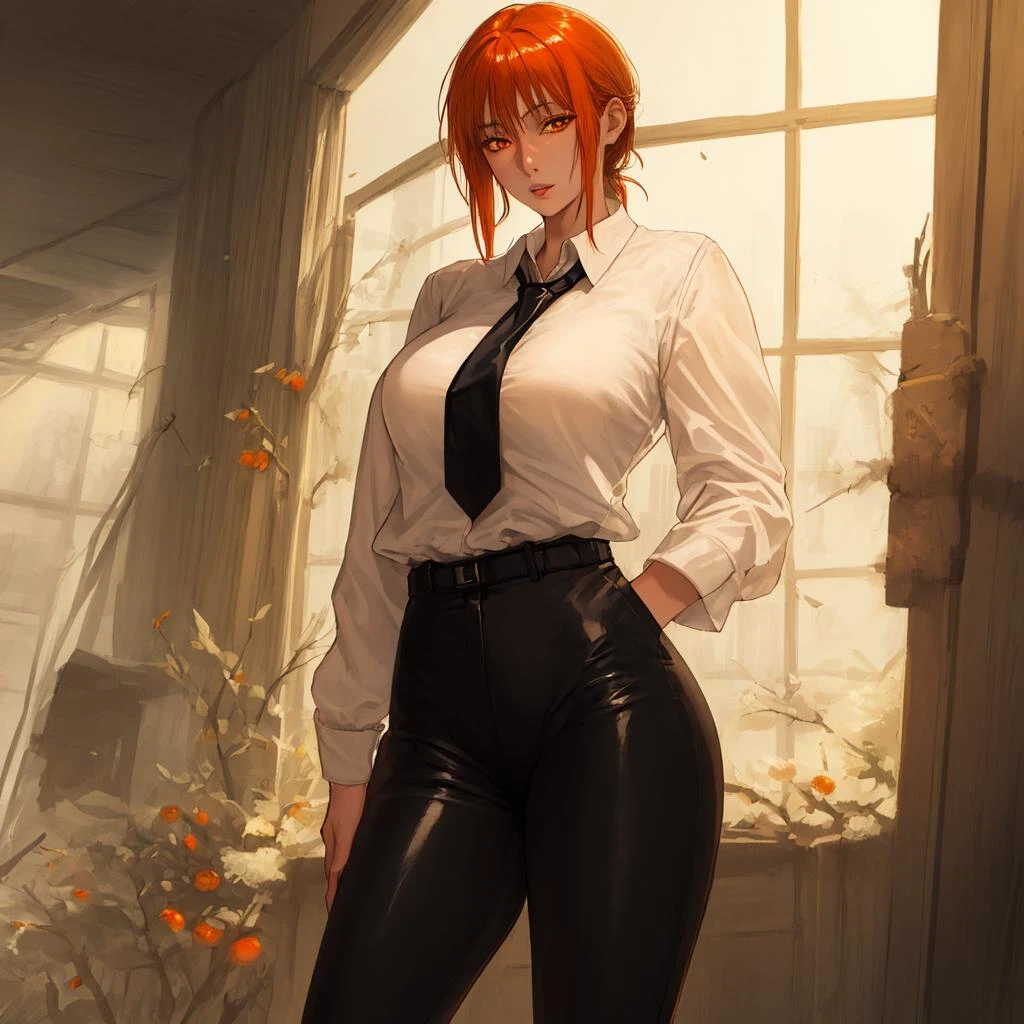 masterpiece, best quality, solo, mature female, 1girl, <lora:makima_offset:1.0>, makima \(chainsaw man\), looking at viewer, glossy lips, highly detailed, beautiful, delicate, ethereal, orange eyes, white shirt, necktie, black pants