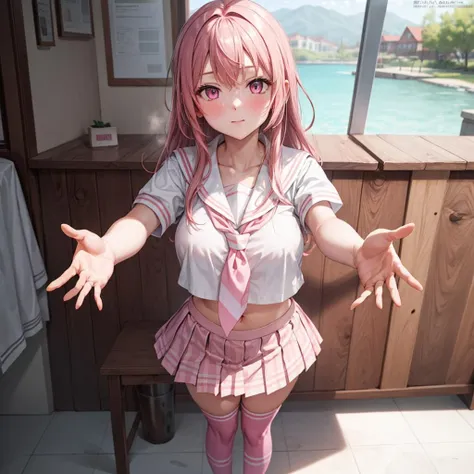 Masterpiece, best quality, 1girl, solo, mature female, pink hair, hair between eyes, pink eyes, school uniform, serafuku, pink sailor collar, white sailor shirt, pink neckerchief, short sleeves, pink pleated skirt, white thighhighs, brown shoes, looking at viewer, glossy lips, school, outdoors, big boobs, long hair, standing,  <lora:add_detail:0.6>, incoming hug,  <lora:incominghugAlpha16:0.8>, outstretched hands