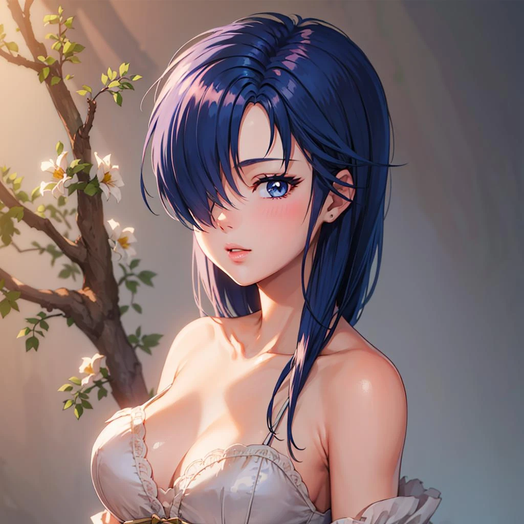 Masterpiece, best quality, 1girl, solo, mature female,  <lora:HimooYuina:0.8>, himooyuina, blue hair, blue eyes, hair over one eye, looking at viewer, glossy lips, natural makeup, ballgown, volumetric light, ethereal
