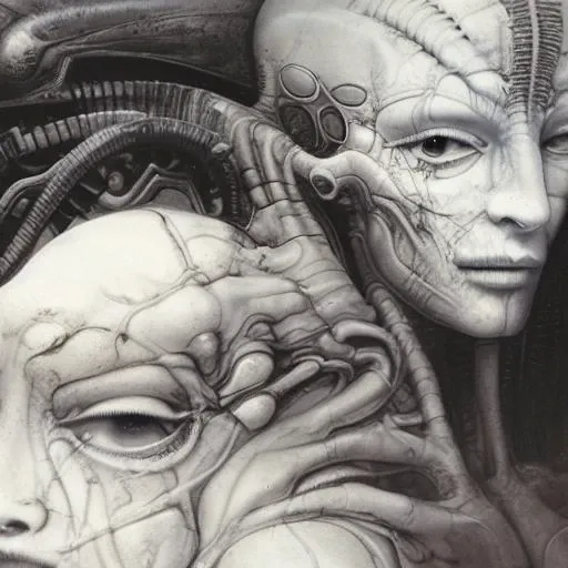 portrait of a queen in HRGigerArhP style, no eyelashes, no eyebrows, bald, porcelain skin, translucent skin, eyes closed, face surrounded by organic chaos, hypermaximalist, cyberpunk, man mixed with machine, volume lighting, hazy, foggy, diffused lighting, abstract, mechanical chaos, <lora:HRGigerArhP_v1:1>