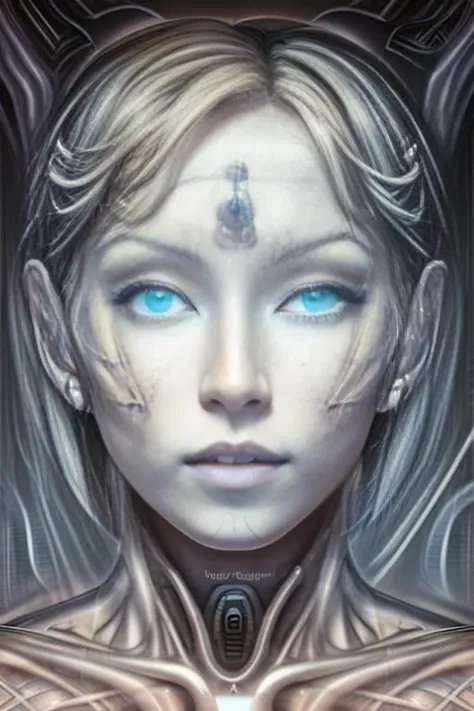 an airbrush painting of HildaV5 sitting nude on a very huge cock, symmetric pose, li,
wearing transparent tubes bra,
(very large breasts),
(glowing ice blue eyes), (short pixie cut), white hair,
(close up portrait),
sexy expression, oily skin,
porcelain skin, translucent skin,
face surrounded by organic chaos, hypermaximalist, cyberpunk, man mixed with machine, volume lighting, hazy, foggy, diffused lighting, abstract, mechanical chaos,
4k, masterpiece, highly detailed,
intricate, global illumination, subsurface scattering, hdr, <lora:hRGigerArh_v1:1.2>,