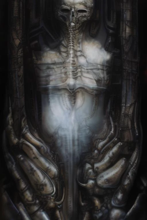 Very highly detailed epic airbrush painting, intricate, dystopian, sci-fi, extremely detailed, digital painting, sharp focus, illustration, intimidating lighting, incredible art in <lora:HRGigerArhPv4:1> style