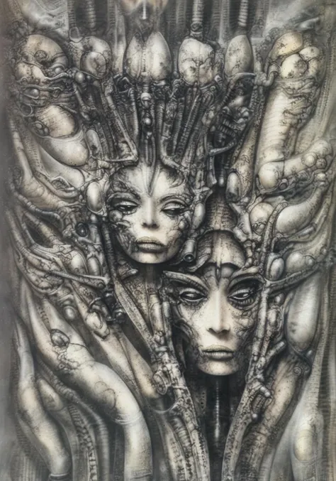 airbrush painting of a woman's face tangled in organic chaos <lora:HRGigerArhPv3:1>