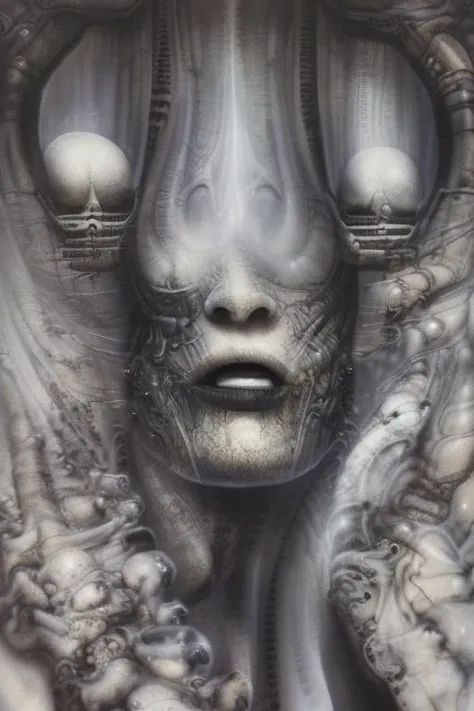 being shackled in the void, by akihiko yoshida and cgsociety. stunning goddess of speed charlie bowater and tom bagshaw, insanely detailed, artstation, space art. atoms surrounded by skulls and spirits deep under the sea, horror, sci - fi, surrealist painting, by peter mohrbacher, art in <lora:HRGigerArhPv4:1> style