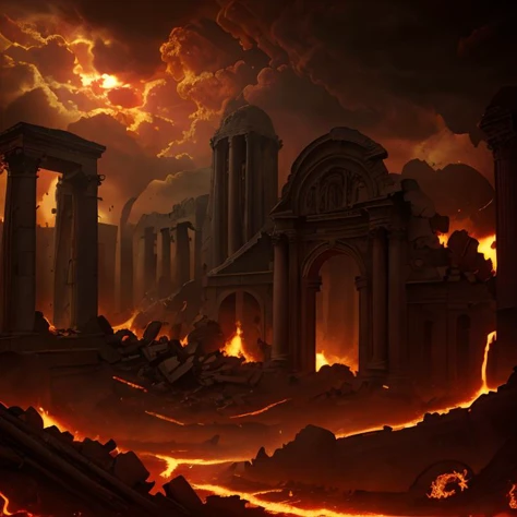 ((best quality)),((ultradetailed)), ((masterpiece)), illustration, apocalypse, end of the world, destruction, chaos, fire, smoke, ruins, abandoned cities, barren wasteland, dark skies.