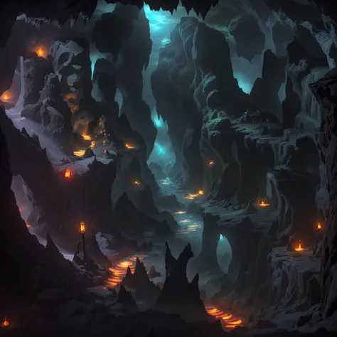 <lora:RealmsOfFire:1> refi, inside a cave