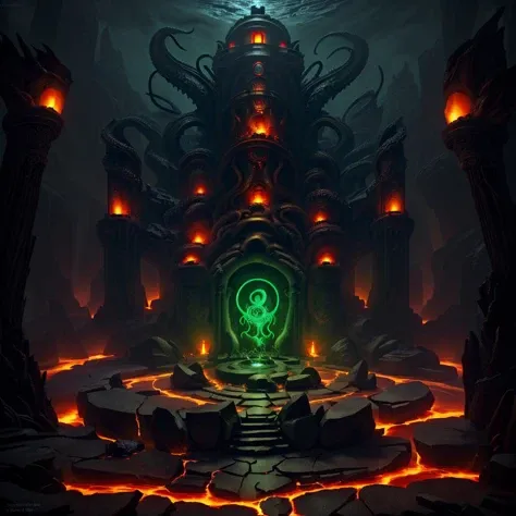 <lora:RealmsOfFire:1> refi, Cthulhu on fire in a stone temple