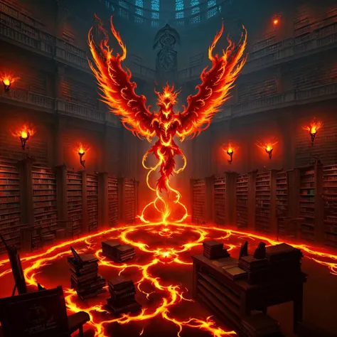<lora:RealmsOfFire:1> refi, a burning phoenix in a library