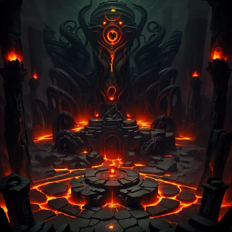 <lora:RealmsOfFire:1> refi, Cthulhu on fire in a stone temple