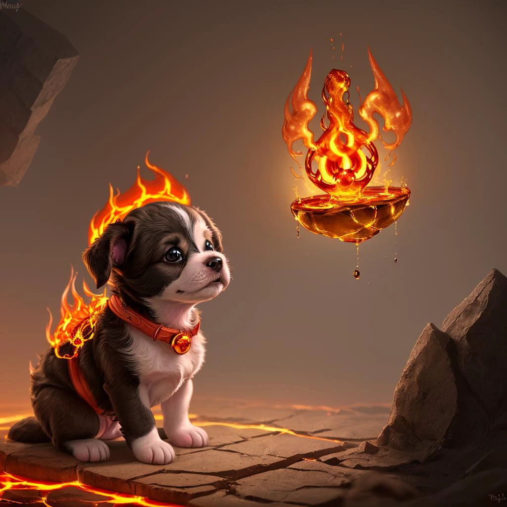 <lora:RealmsOfFire:1> refi, a cute puppy on fire