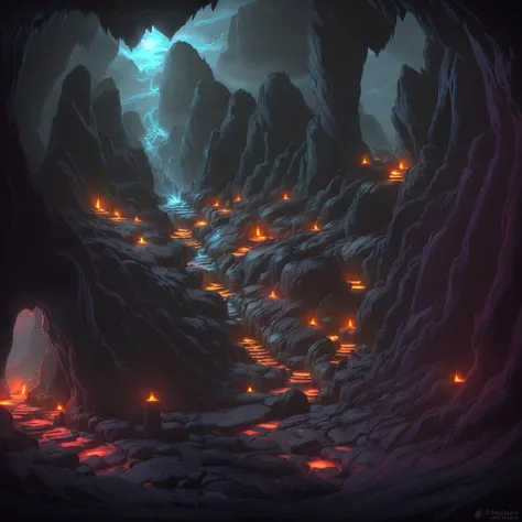 <lora:RealmsOfFire:1> refi, inside a cave