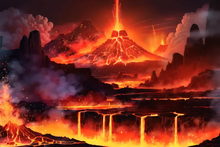 The volcano rises from its top with lava and lava, volcano background, volcano landscape, a volcano erupts, volcanoes, volcano exploding, erupting, volcanic workshop background, a volcano erupts, erupting volcano, volcanoes, mount doom, volcano setting, volcanoes, active volcano, Detailed painting 4 K, volcano valley, dark volcano background, erupting volcano in distance, Volcano texture