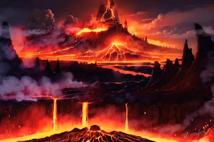 smile, looking at viewer, <lora:add_sharpness:1>,  <lora:RealmsOfFire:1> lake of lava, volcano, burning sky, ash, best quality, masterpiece, <lora:more_details:0.65>