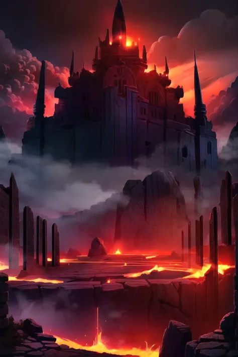 smile, looking at viewer, <lora:add_sharpness:1>, <lora:RealmsOfFire:1> volcano, burning sky, ash, stone ruins, citadel, black spires, castle, best quality, masterpiece, <lora:more_details:0.65>