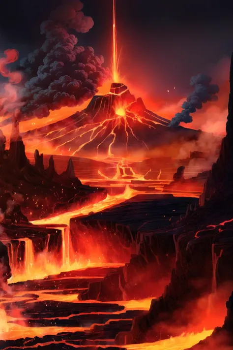 smile, looking at viewer, <lora:add_sharpness:1>,  <lora:RealmsOfFire:1> lake of lava, volcano, burning sky, ash, best quality, masterpiece, <lora:more_details:0.65>