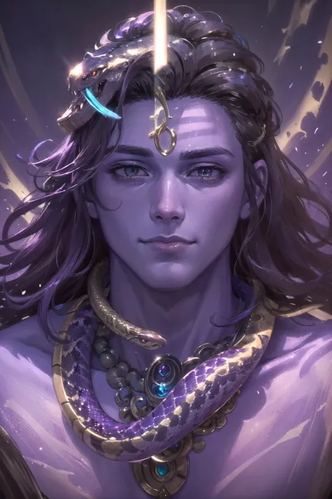 (detailed face and eyes:1.3),
<lora:shiva_v1:1>,jewelry,male focus,long hair,(purple skin:1.2),(colored skin:1.3),muscular,1boy,light smile,glowing eyes,(snake around neck:1.1),
Ultra-detail,(highres:1.1),best quality,(masterpiece:1.3),cinematic lighting,
