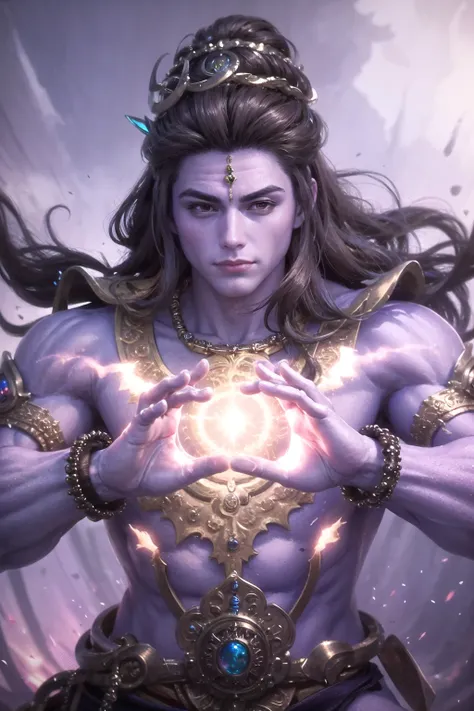 (highly detailed:1.3),
<lora:shiva_v1:1>,jewelry,male focus,long hair,purple skin,muscular,standing,powerful pose,light smile,looking at viewer,intimidating, extending hand towards the viewer,(powerful aura:1.1),extra arms, 4 arms,
Ultra-detail,(highres:1.1),best quality,(masterpiece:1.3),cinematic lighting,