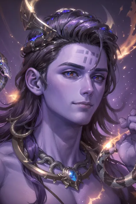 (detailed face and eyes:1.3),
<lora:shiva_v1:1>,jewelry,male focus,long hair,(purple skin:1.2),(colored skin:1.3),muscular,1boy,light smile,glowing eyes,snake around neck,
Ultra-detail,(highres:1.1),best quality,(masterpiece:1.3),cinematic lighting,