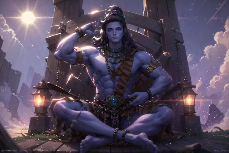 (highly detailed:1.3),<lora:shiva_v1:1>,jewelry,male focus,long hair,purple skin,muscular,sitting, ((blue eyes)),powerful pose, closed mouth,Ultra-detail,(highres:1.1),best quality,(masterpiece:1.3),cinematic lighting,outdoor,8k,sunlight,sun,((detailed face and eyes:1.3))