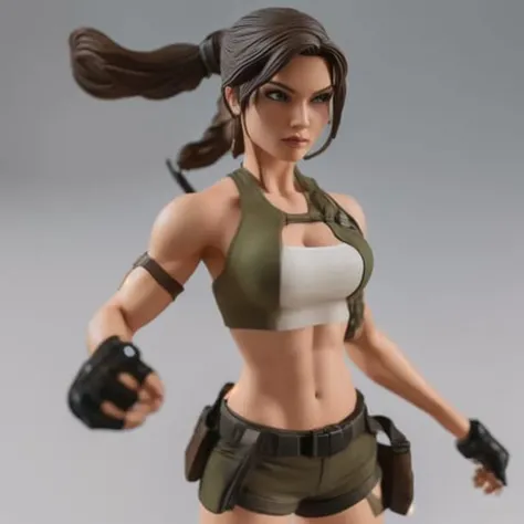 femalefigurine, lara croft wearing a green tank top and shorts, brown ponytail, midriff, action pose, solo, depth of field, 1girl, flawless, RAW, focus on shoulder, (((plain background))), high detail, insane detail <lora:FemaleFigurine_v3:1>