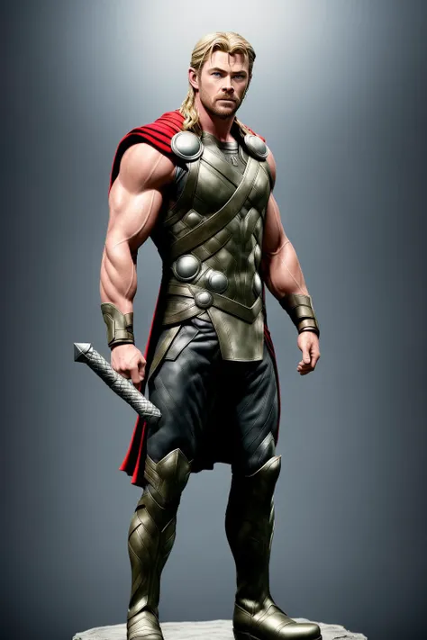 femalefigurine, chris hemsworth as thor, action shot, solo, (1boy:1.3), (male model:1.3), man, male, dynamic pose, flawless, RAW, focus on shoulder, medium close up, shoulders up, plain background, model photograph, on display, high detail, insane detail, (standing on base:1.3), (boots:1.3), <lora:FemaleFigurine_v1:1> background is cupboard, depth of field